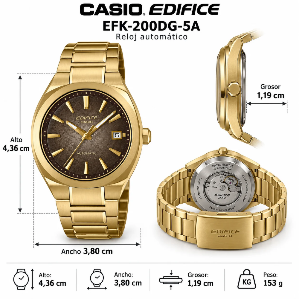 Reloj Casio Edifice Automático para Hombre en Acero Dorado EFK-200DG-5A