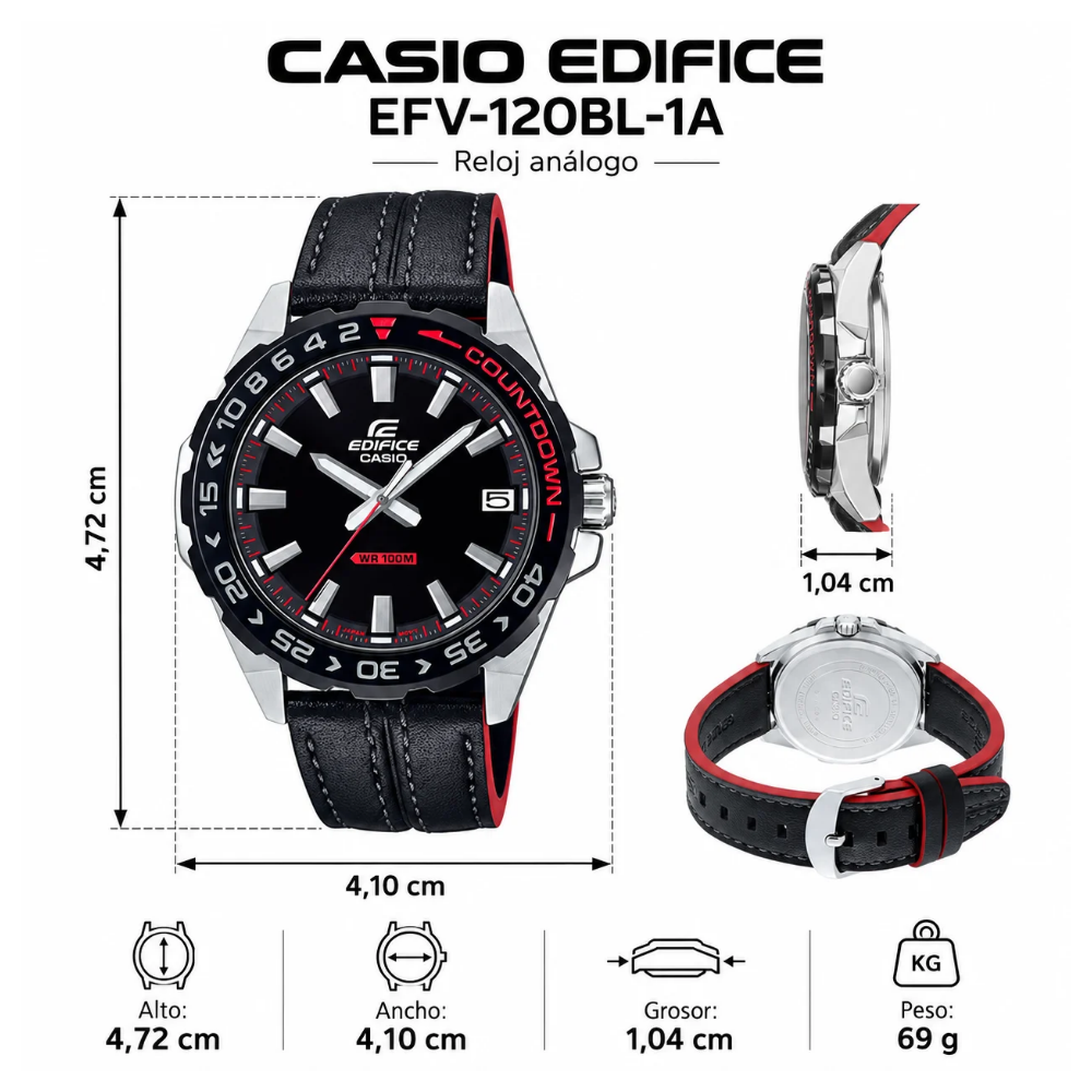 Reloj Casio Edifice Para Hombre Con Correa de Cuero Negro EFV-120BL-1A
