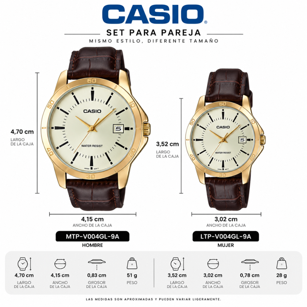 Reloj Casio Pareja V004GL-9A Casual en Cuero Café