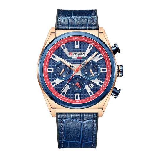 Reloj Curren 8392 Cronógrafo En Cuero Para Hombre Azul - Rojo