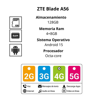 Celular ZTE Blade A56 128GB 4+8GB Negro