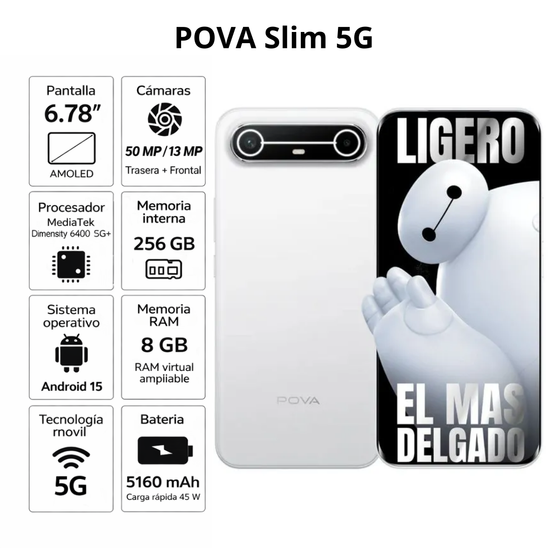 Celular Tecno Pova Slim 5G 256GB 8RAM Blanco