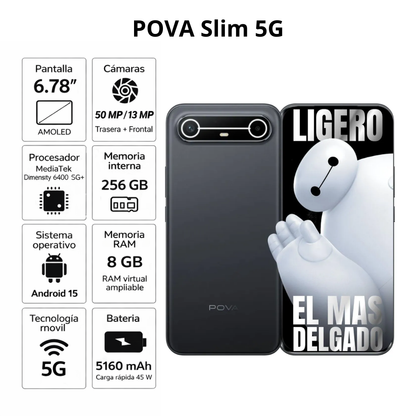 Celular Tecno Pova Slim 5G 256GB 8RAM Negro